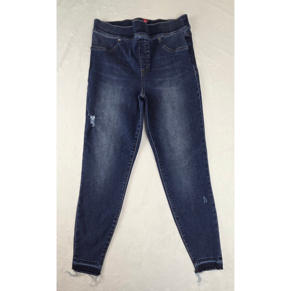 Spanx Ankle‎ Skinny Jeans Women XL Blue Distressed Frayed Hem Pull On Leggings